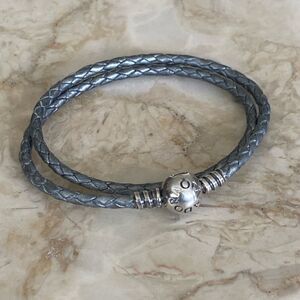 Pandora Moments Double Grey Leather Bracelet 925 Sterling Silver Round Clasp